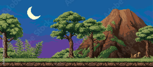 8 bit pixel night tropical forest landscape with mountain. 8-Vector pixelated nighttime scene featuring lush tropic wood with vibrant greenery, a towering brown rock, and a serene crescent moon in sky