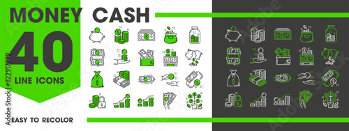 Money cash line icons of finance, banking and payment or savings, vector pictograms. Dollar money cash banknotes and coins icons of wallet, piggy bank and money tree for financial investment or salary