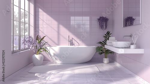 Minimalist bathroom design in soft lavender hues, featuring white tiled flooring and silver accent pieces for a spa-like feel