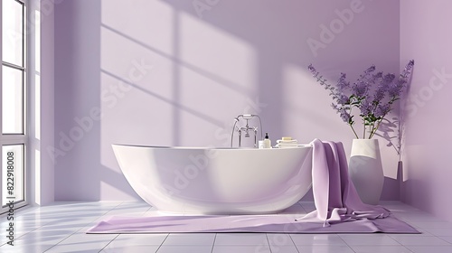 Minimalist bathroom design in soft lavender hues, featuring white tiled flooring and silver accent pieces for a spa-like feel