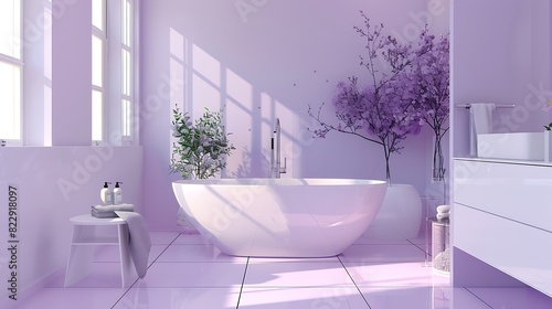 Modern bathroom with soft lavender walls, white cabinetry, and subtle silver decor accents