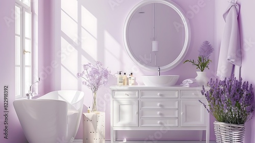 Relaxing bathroom space with soft lavender walls, white vanity units, and polished silver accessories, ideal for unwinding