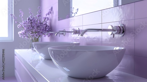 Serene bathroom in soft lavender tones, featuring white ceramic sinks and silver hardware, radiating tranquility