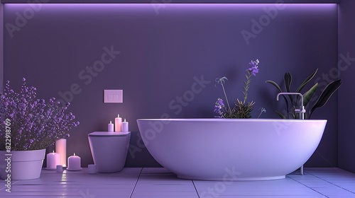 Soft Lavender Bathroom with soothing lavender walls, white fixtures, and silver accents, creating a relaxing spa-like ambiance, against a solid black background