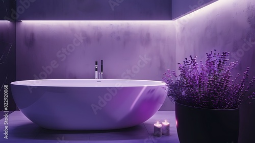 Tranquil lavender bathroom featuring soft lavender walls, sleek white fixtures, and refined silver accents, designed for ultimate relaxation, with a solid black background