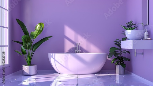 Tranquil lavender bathroom featuring soft lavender walls, sleek white fixtures, and refined silver accents, designed for ultimate relaxation, with a solid dark green background