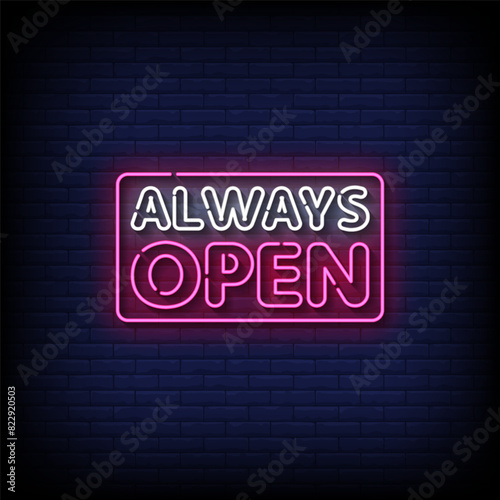 always open neon Sign on brick wall background vector