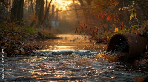 Rusted Pipe Spewing Toxic Waste into a Stream during Sunrise