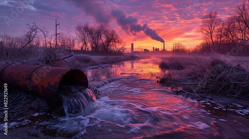 Rusted Pipe Spewing Toxic Waste into a Stream during Sunrise