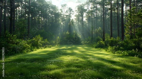 A clearing in a pine forest, with tall trees forming a natural frame around a lush green meadow bathed in sunlight. List of Art Media Photograph inspired by Spring magazine