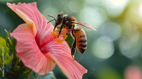A close-up of a red hibiscus flower with a bee collecting nectar, showcasing the interaction between flora and fauna. List of Art Media Photograph inspired by Spring magazine