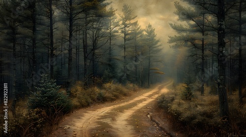 A tranquil pathway winding through a grove of tall pine trees, inviting a peaceful walk in nature with the fresh scent of pine in the air. List of Art Media Photograph inspired by Spring magazine