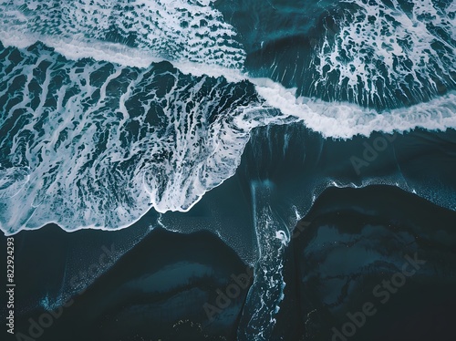 Aerial View of Black Sand Beach with Waves in Iceland
