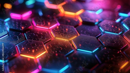 Create a seamless hexagonal pattern with glowing neon lights. The colors should be blue, pink and orange. The hexagons should be slightly beveled and glossy.