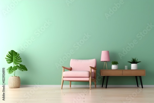 Serene and Stylish Green-Walled Room with Pink Armchair in Bright Interior Mockup