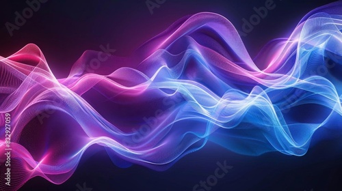 Create a seamless looping animation of glowing blue and purple neon light waves flowing and undulating against a black background