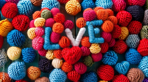 Red heart colorful pom poms with Love alphabet