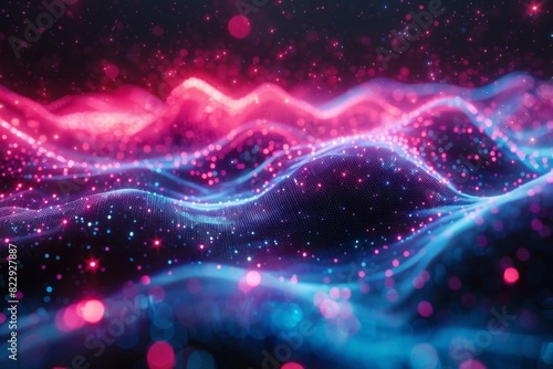 Create a seamless looping animation of a glowing blue and pink particle wave with a dark background. The wave should be gently undulating and the particles should be twinkling.
