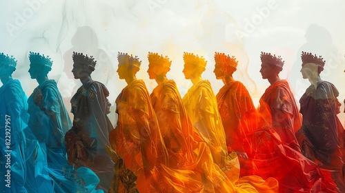 A group of colorful roman emperors are walking in a parade. The background is a bright that be hazy sky.
