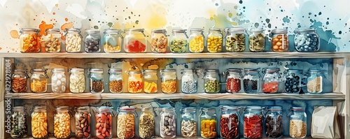 Artistic zero waste shop, bulk bins with dried fruits and seeds, abstract watercolor, vibrant palette, reusable jars and bags in foreground