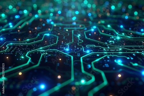 An illustration of a futuristic circuit board with glowing blue and green lights.