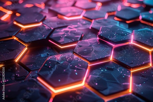 Create a seamless pattern with glowing hexagons. The hexagons should be dark blue with bright pink highlights.