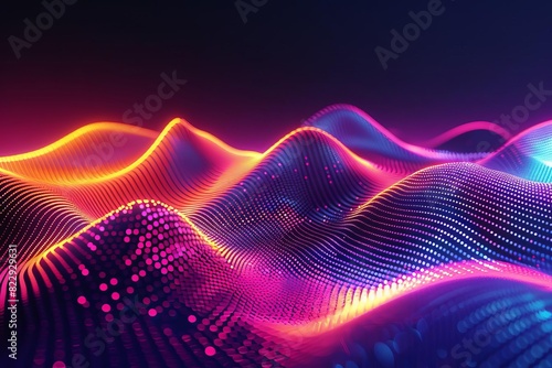 Immerse yourself in the vibrant world of digital landscapes, where undulating waves of luminous particles create a mesmerizing symphony of color and light.