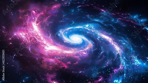 Explore the infinite beauty of the cosmos with this stunning spiral galaxy, ablaze with vibrant hues of pink, blue, and purple