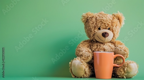 teddy bear with cup on green background