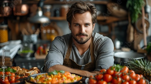 Man Persuasively Promoting Delectable Culinary Offerings in a Vibrant Advertisement