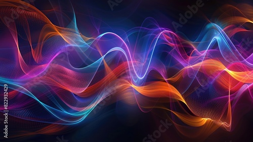 Abstract image of pulsating light waves against a dark background, with sound waves depicted as dynamic, colorful patterns