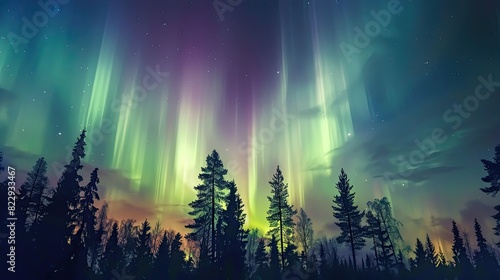 Aurora borealis forming vibrant ribbons of light above the Finnish countryside, with pine trees silhouetted below