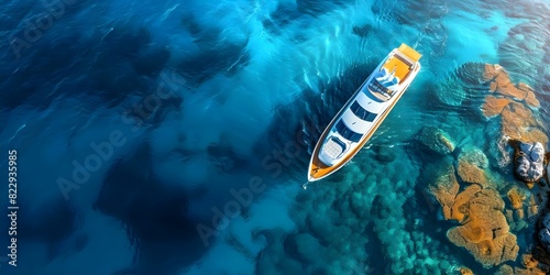 Aerial view of a luxurious boat in the Adriatic Sea. Concept Luxurious Boat, Aerial View, Adriatic Sea