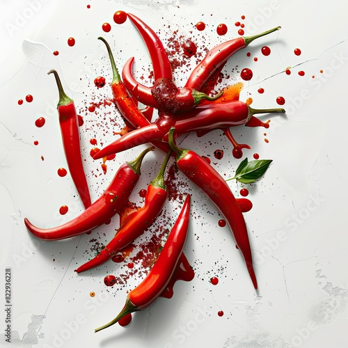 High-angle view of red chili peppers and a splash of chili sauce on a white surface