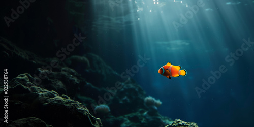 the clownfish swimming underwater, clear ocean water seabed, copy space for text