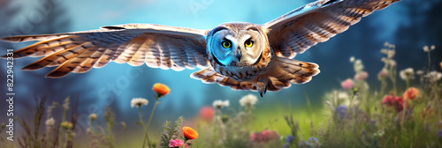 Beautiful flying owl on spring field full of bright wild flowers. Forest bird portrait. Splash screen or sketchbook cover template. Outdoor background.