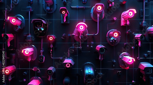 Futuristic black backdrop with neon-glowing security cameras in random positions, each emitting infrared glimmers and alert sensors
