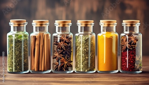 star anise and cinnamon, variety of spices, jars with spices, glass of water with fruits, spices and herbs on white, herbs and spices on wooden background, Different kinds of spices and herbs in glass