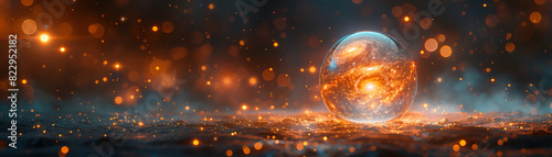 Abstract depiction of a glowing, fiery sphere in a cosmic environment with bokeh lights, creating a mystical and futuristic atmosphere.