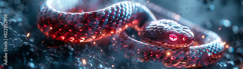Close-up of a glowing snake with neon colors, illuminated in a dark environment. Futuristic and exotic reptile image with vibrant details.