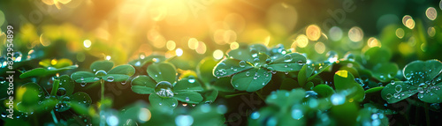 Close-up of dewdrops on green clover leaves illuminated by warm sunlight, capturing the beauty of nature in a vibrant, serene setting.