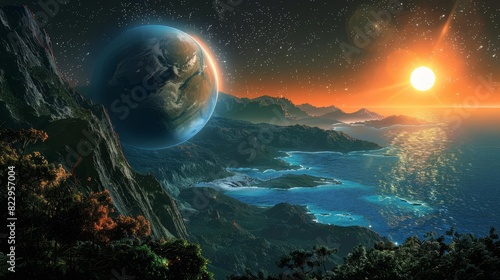 An Earthlike exoplanet with blue oceans and green continents, orbiting a red dwarf star,