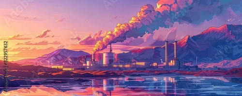 Geothermal power plant, steam rising, volcanic landscape, renewable energy, vibrant colors, detailed illustration