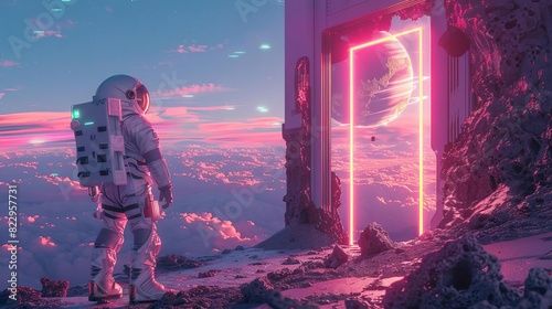 An astronaut in a space suit standing next to a neon glowing door leading into a spaceship on a planet, with vibrant colors, in a cinematic, surrealistic style