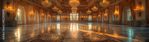Elegant palace hall with stunning chandeliers and decorative elements, beautifully capturing golden hour light through grand windows.