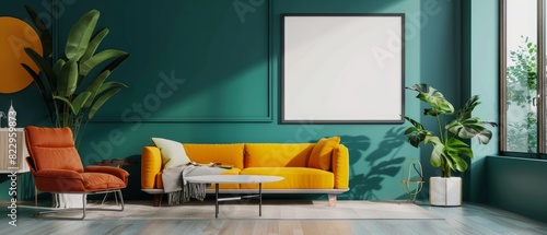 A chic and vibrant living room with a teal wall, a colorful sofa, a contemporary chair, and a blank poster frame