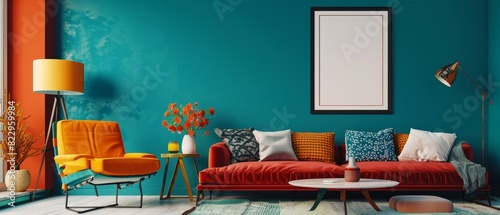 A cozy and modern living room with a teal wall, a colorful sofa, a trendy chair, and a blank poster frame