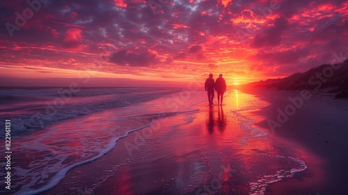 A couple taking a walk on the beach during sunset