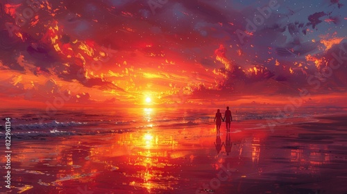 A couple taking a walk on the beach during sunset