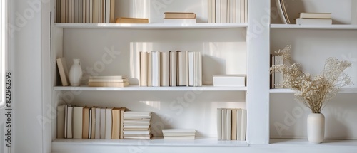 Simple white bookshelf with a few carefully arranged books, minimalist decor, easy on the eyes, uncluttered space